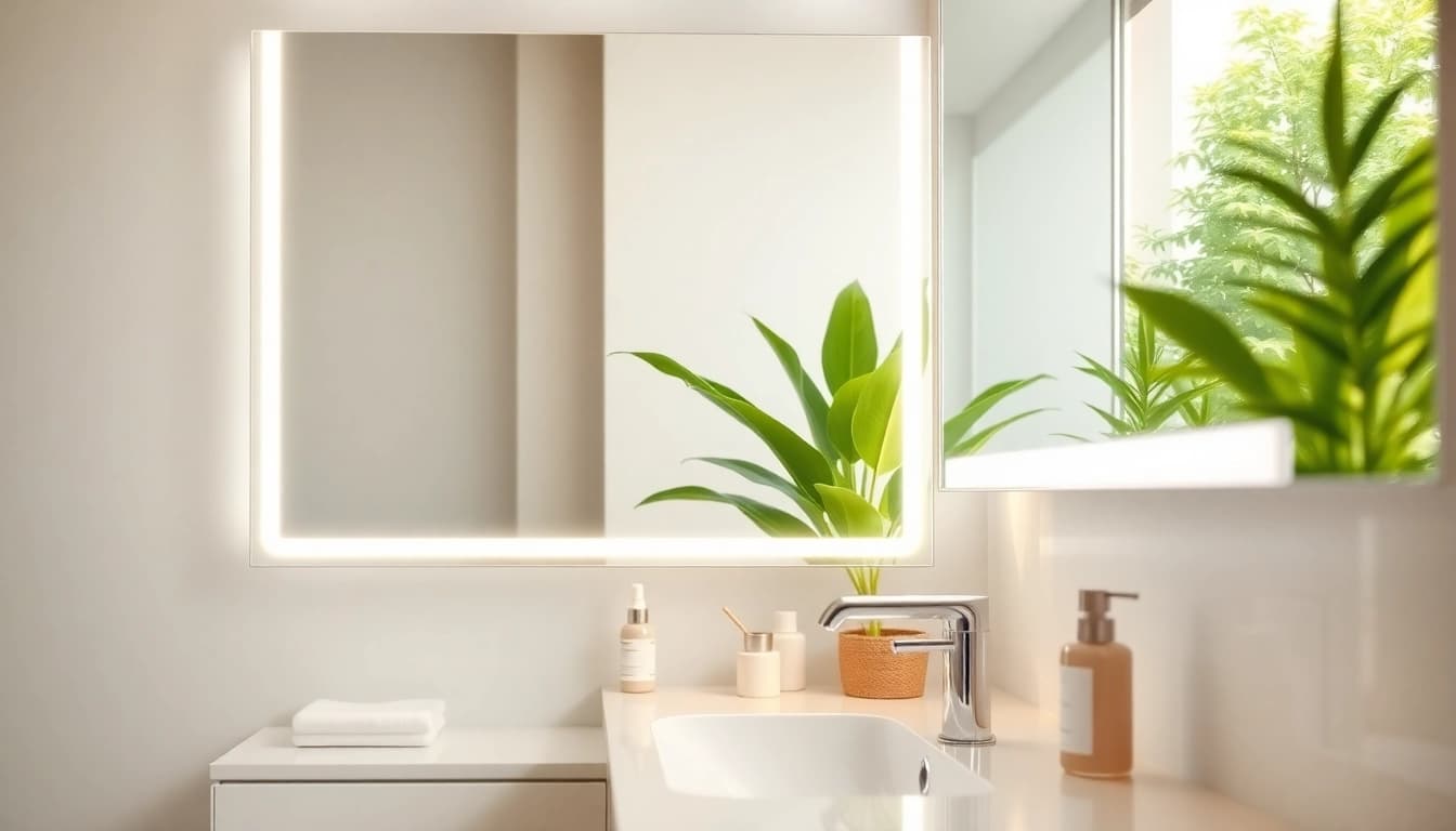 Reflecting elegance, LED mirror in modern bathroom with stylish design and ambiance.