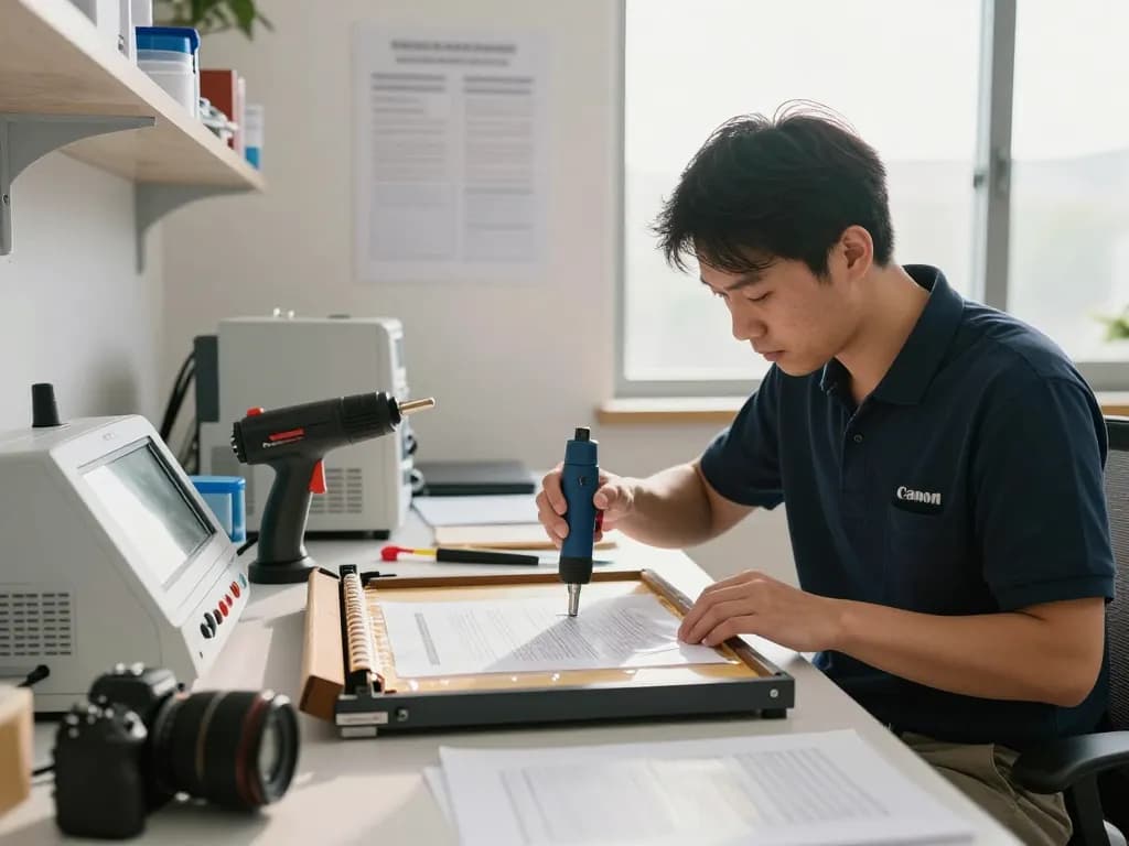 gỡ ép plastic hà nội - technician carefully removing lamination from important documents using specialized technology