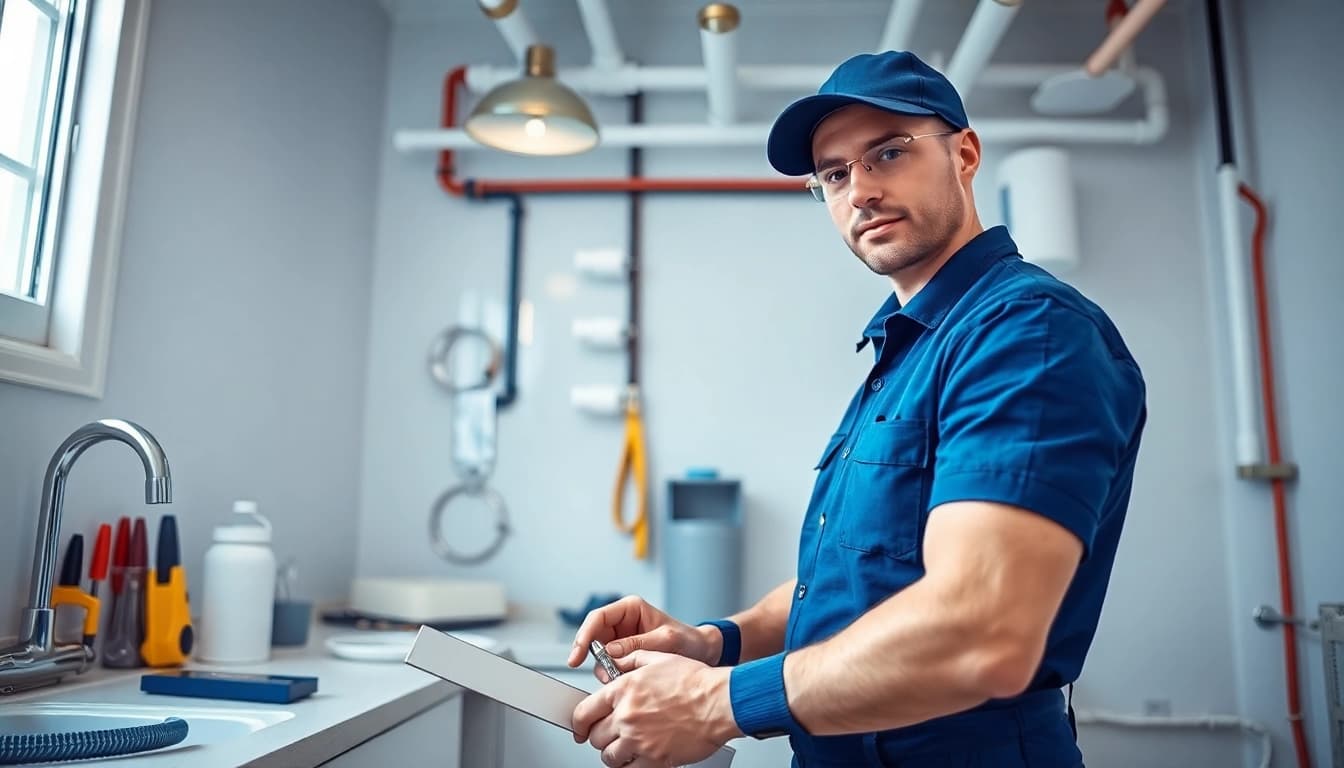 Find a reliable plumber near me fixing plumbing in a bright kitchen.