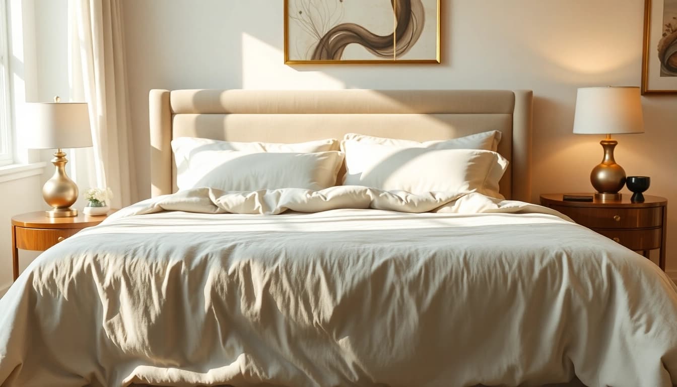 Beautiful queen bed adorned with cozy linens and soft pillows inviting relaxation.