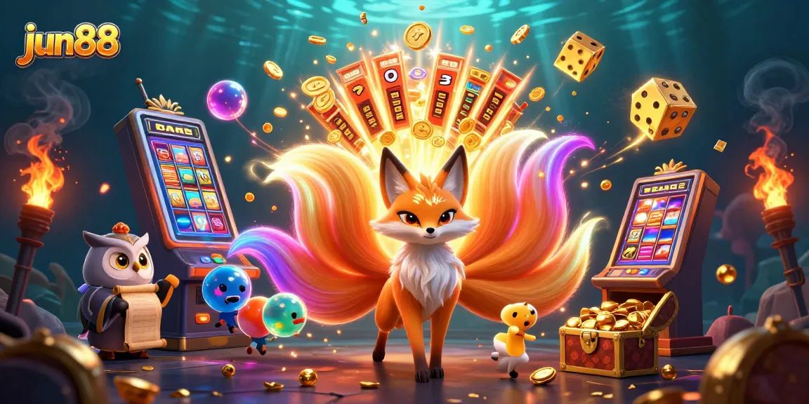 Experience thrilling wins at jun88 with a vibrant 3D casino-themed illustration showcasing dynamic games and joyous characters.