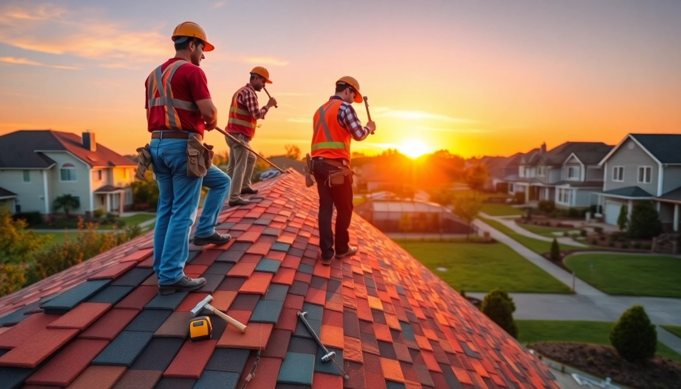 Roofing company team installing shingles on home roof, showcasing professional craftsmanship.