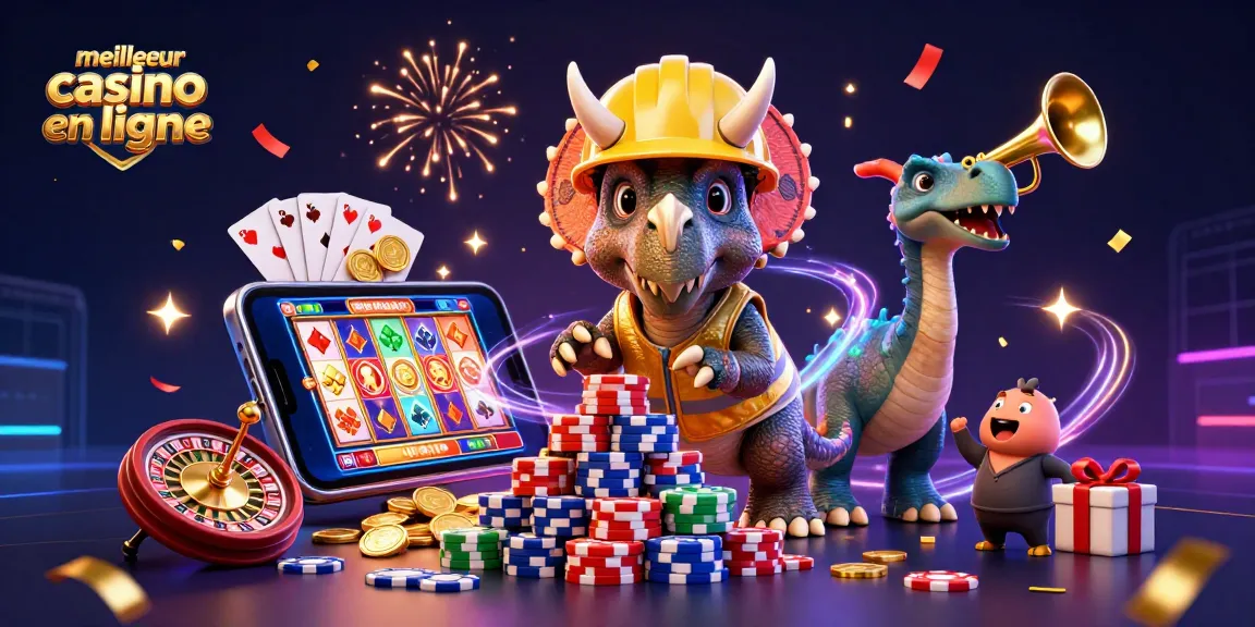 Profitez du meilleur casino en ligne avec cette illustration dynamique de jeux et célébrations.