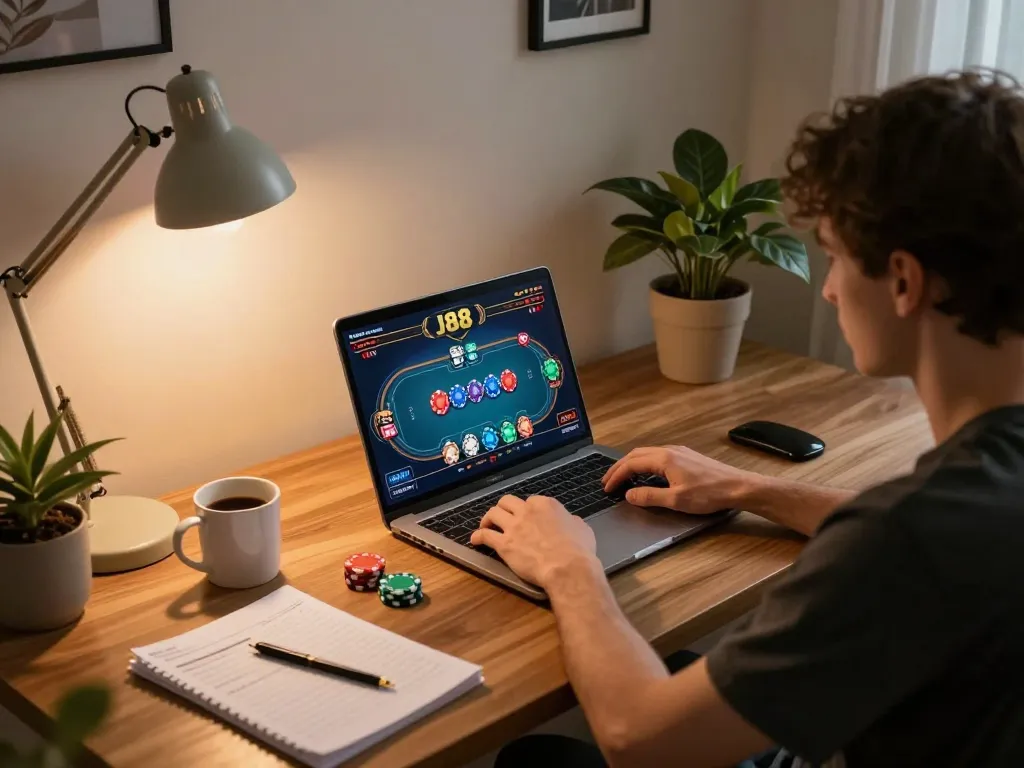 Player enjoying a j88 poker game online, showcasing strategy notes and a cozy home setting.