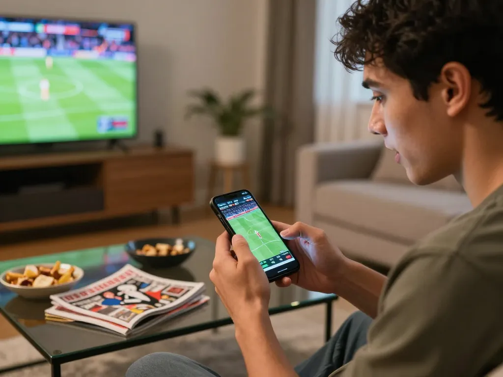 Person placing a bet on open88c sports betting app in a cozy living room.