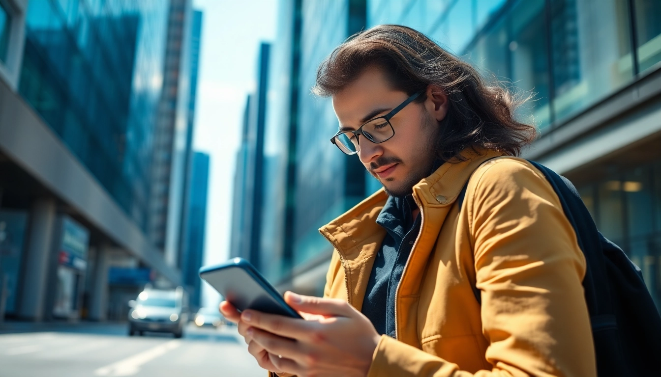 iPhone Cash Buyer assessing a phone in a cityscape, emphasizing quick transaction and tech-savvy choices.