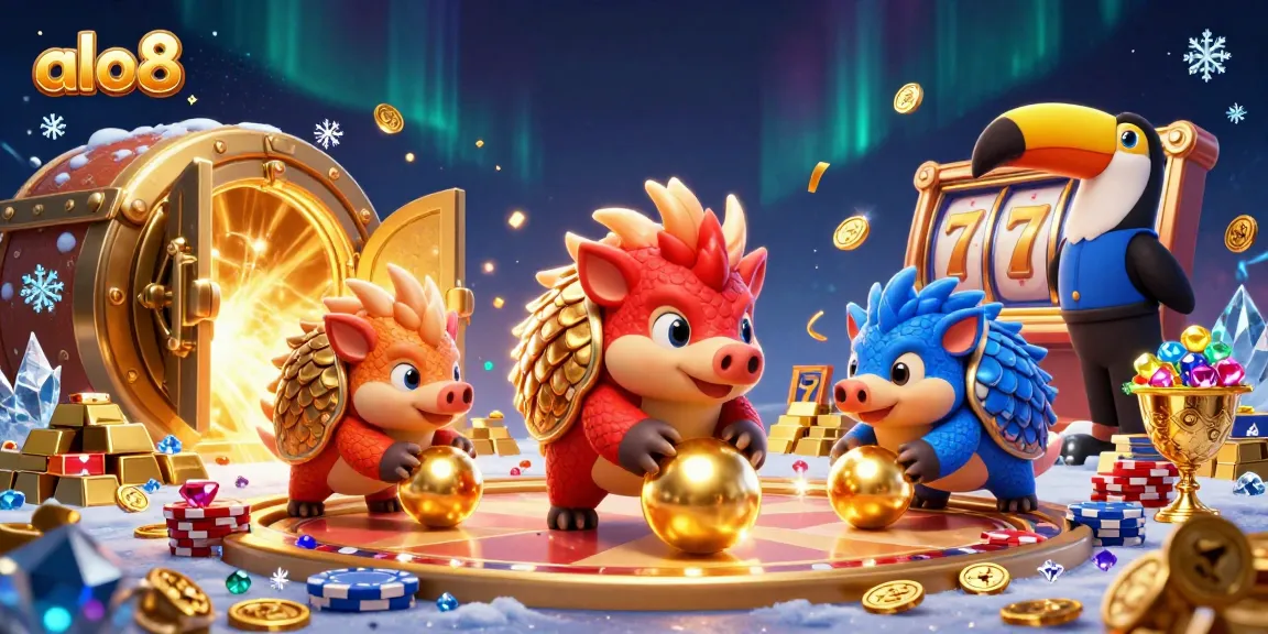 Spin the reels with alo8 and enjoy a vibrant casino scene featuring playful pangolins in a dynamic game of chance.