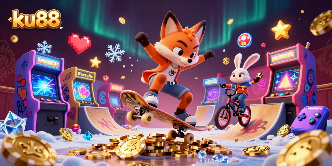Engage with ku88's dynamic casino-themed gaming scene, featuring a skateboarder fox and BMX rabbit amidst vibrant neon elements.