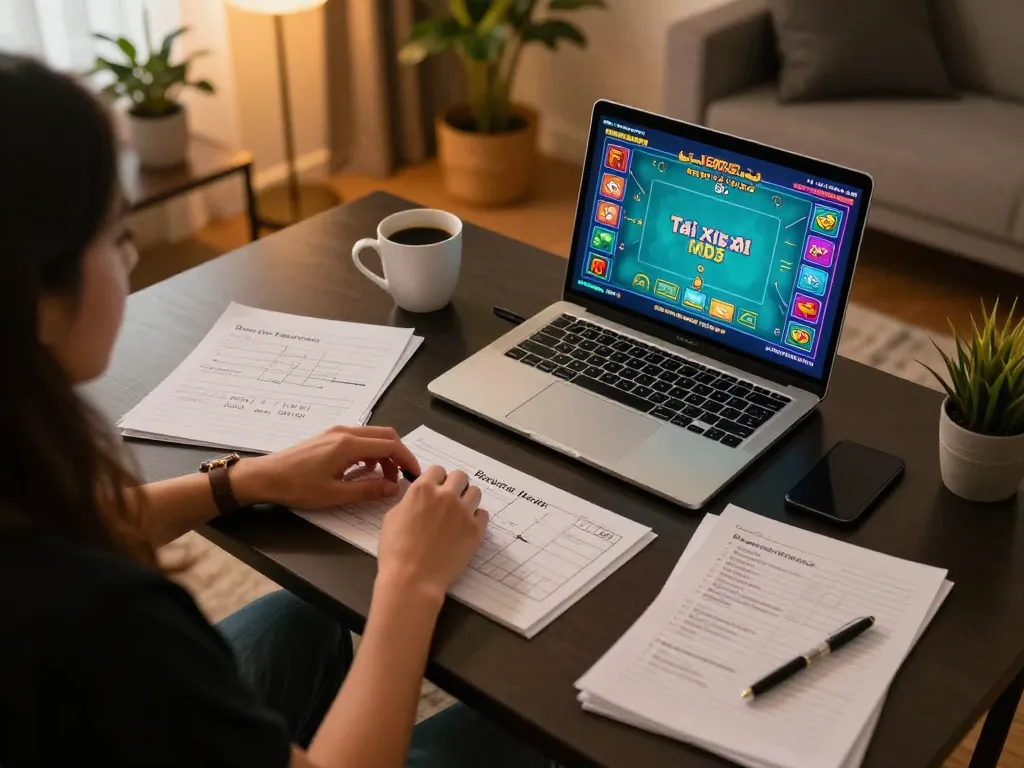 Player engaging in Tài xỉu MD5 on laptop in cozy home setup, showcasing strategic gaming