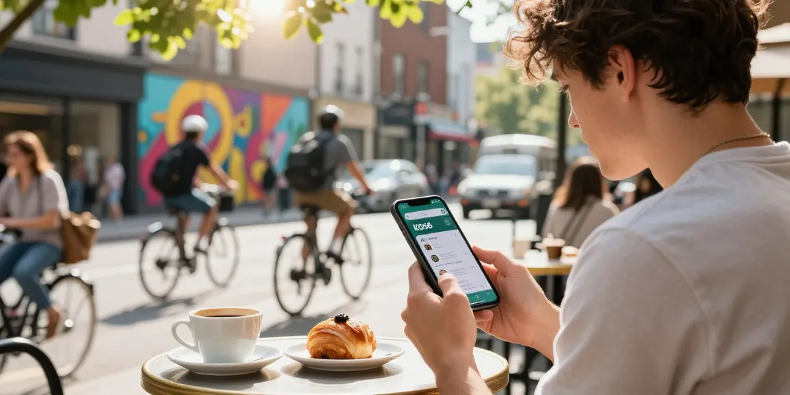 Engaged user exploring KO66 app features at a vibrant city café.