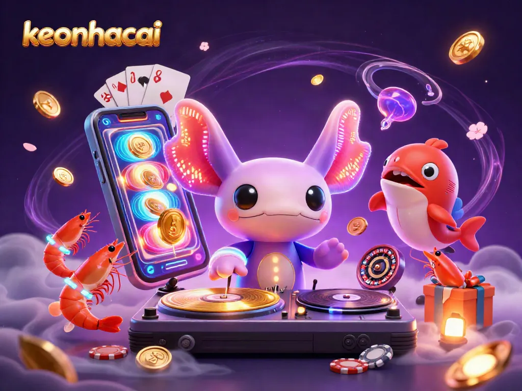 Experience thrilling gameplay as keonhacai brings vibrant action with a neon-colored DJ and casino elements.
