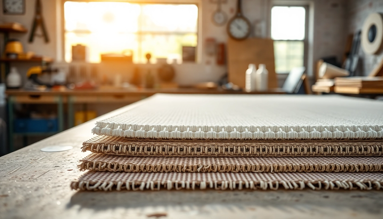 Showcase of fiberglass mats featuring various textures and colors on a workshop table.