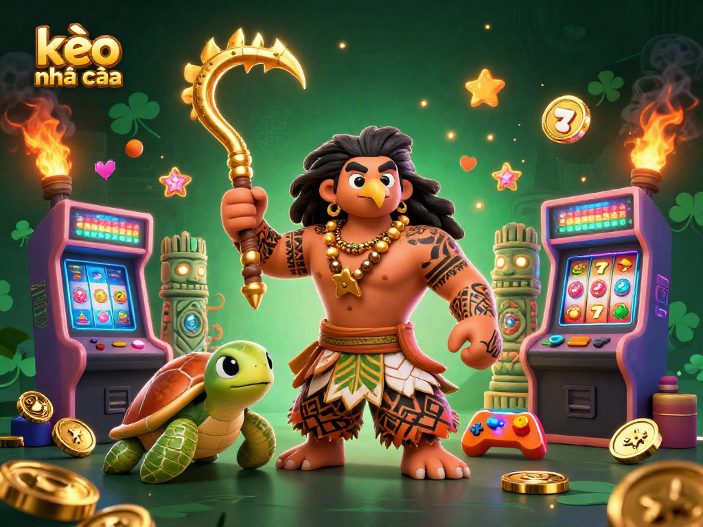 Experience thrilling kèo nhà cái action with a Polynesian demigod and turtle in a vibrant casino scene.