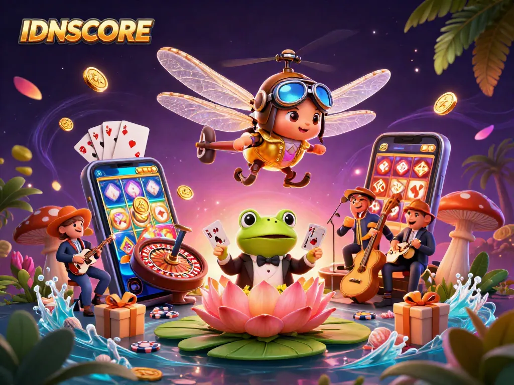 IDNSCORE showcases a lively casino scene with a dragonfly pilot, frog dealer, and jazz-playing crickets.