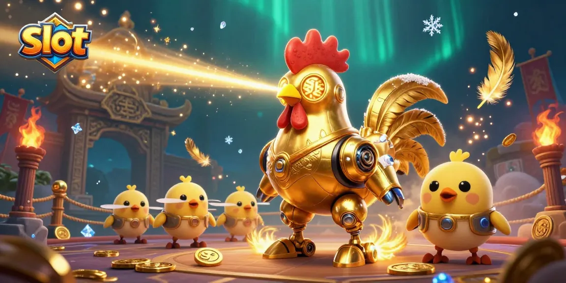 Spin the slot reels with the vibrant energy of a golden rooster robot and dynamic baby chick drones.
