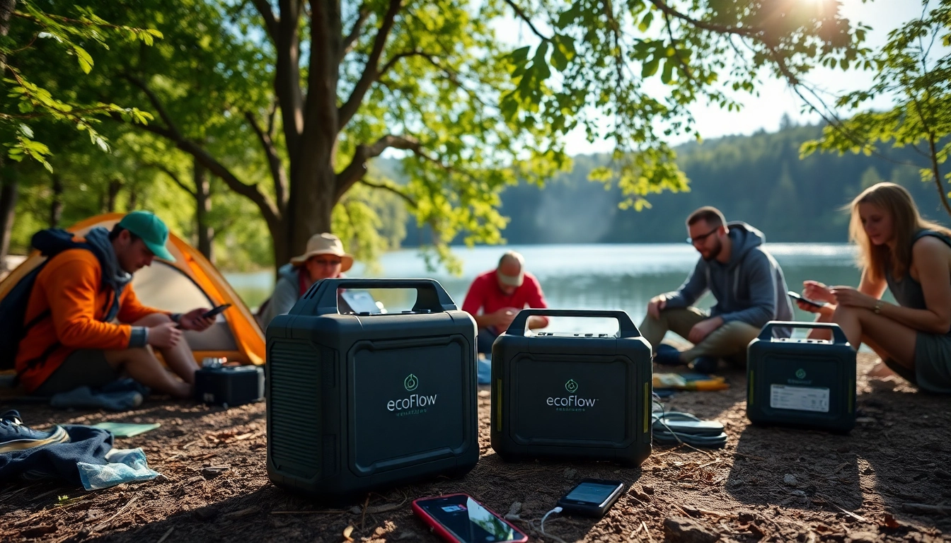 Empowered campers using EcoFlow portable power stations for charging devices amid nature.