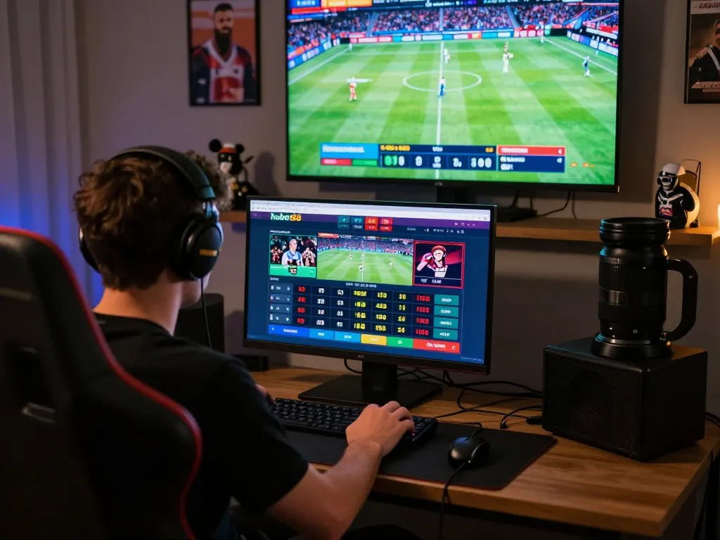 Exciting hubet88 online gambling experience with desktop setup and sports highlights.