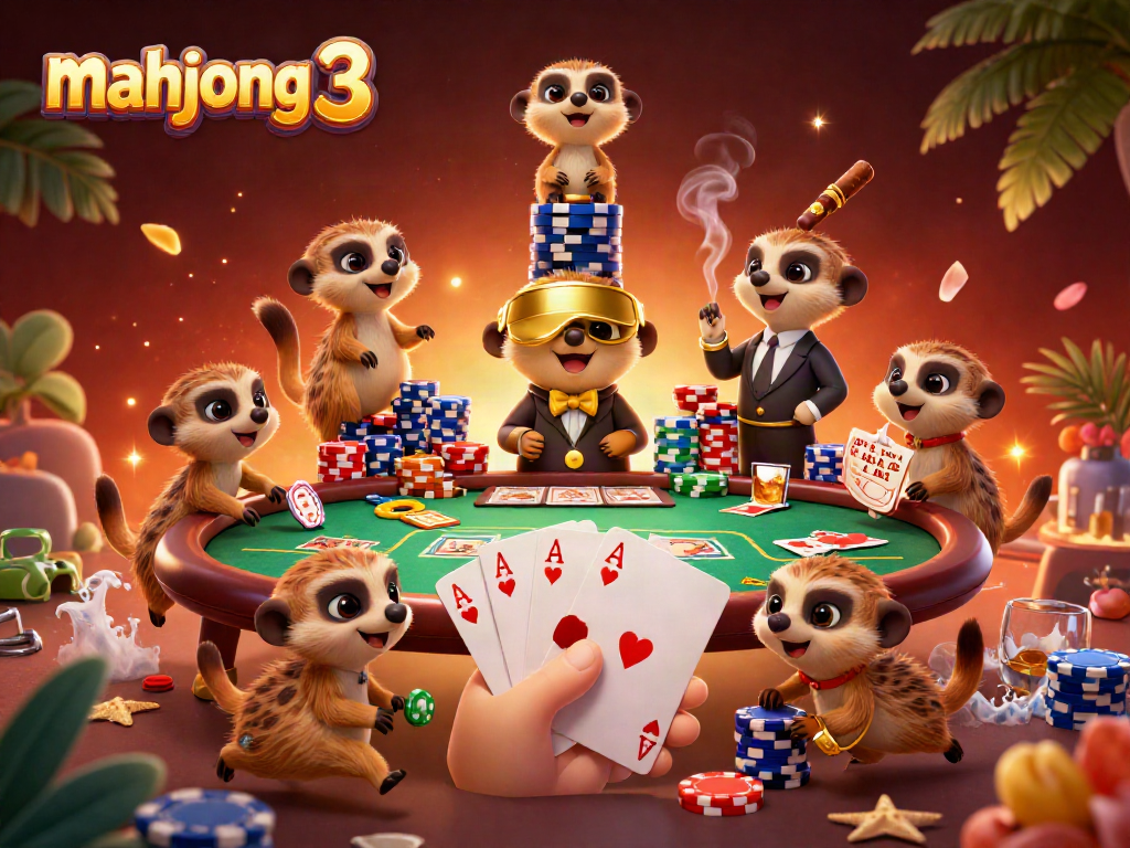 Play mahjong 3 with strategic meerkats managing casino chips in a vibrant gaming scene.