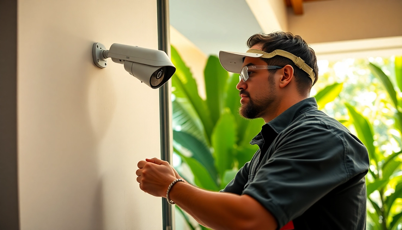 Soporte técnico en cámaras de seguridad: técnico profesional instalando cámaras de seguridad modernas en una casa tropical costarricense.