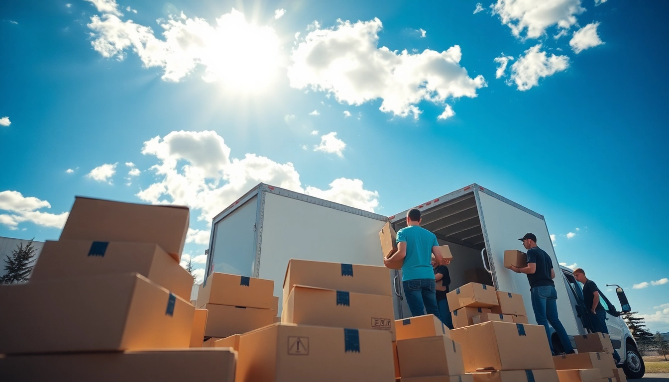 Long distance movers Calgary efficiently loading a moving truck under bright sunlight.