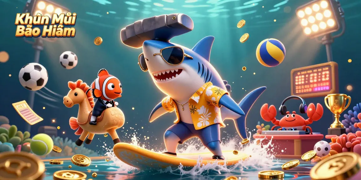 Exciting Khuyến Mãi Bảo Hiểm scene featuring a surfing shark, coral DJ, and vibrant casino elements.