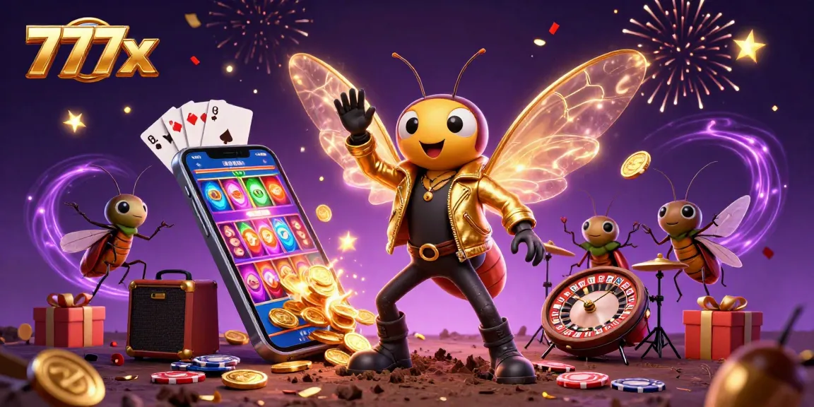 Experience the vibrant excitement of 777x casino games with a rock star scene, featuring dynamic slot elements and celebratory visuals.