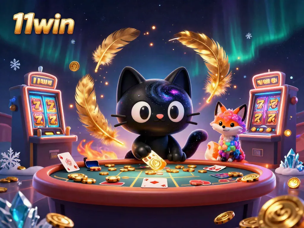 11win cat attracts golden chips at cosmic casino with vibrant gambling elements.