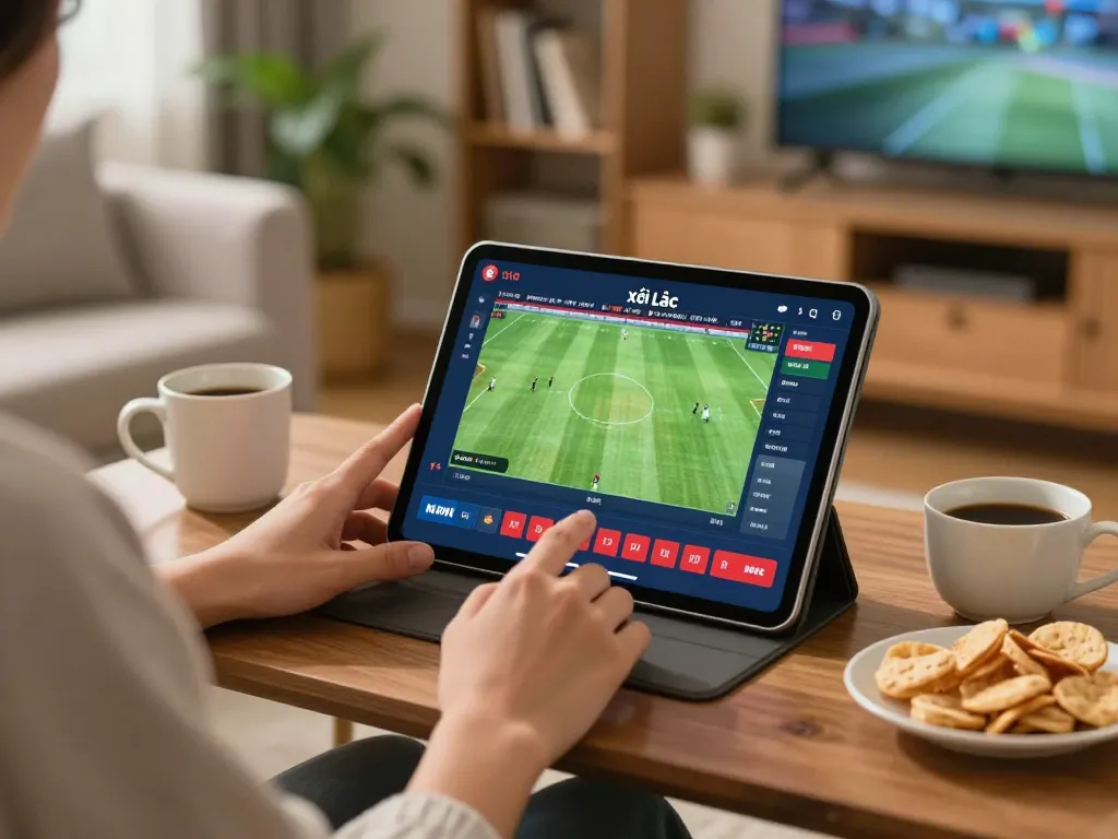 xôi lạc tv streaming live football match on tablet in cozy home setting, highlighting strategic online gambling experience
