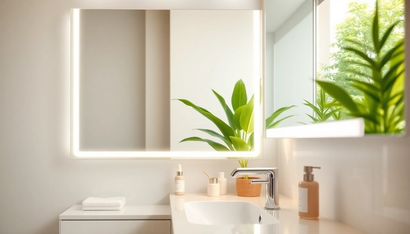 Reflecting elegance, LED mirror in modern bathroom with stylish design and ambiance.