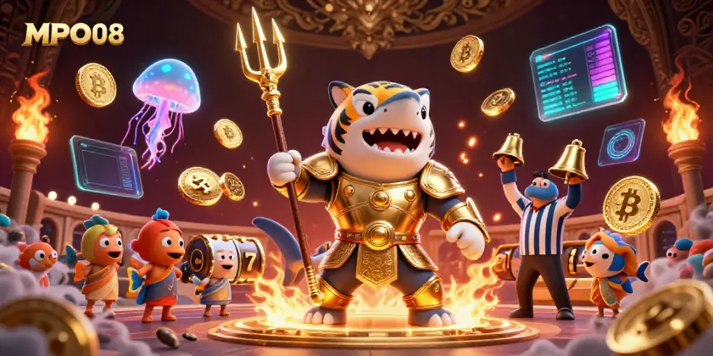 MPO08 showcases a thrilling underwater slot game with a golden shark gladiator and crypto coins.
