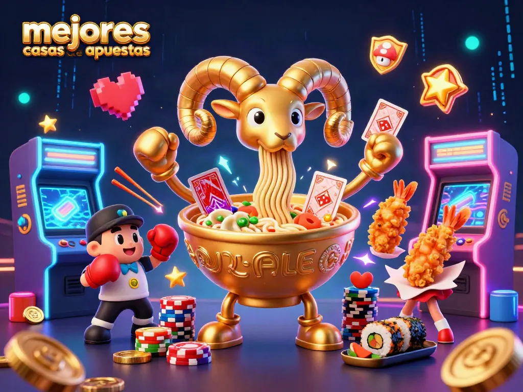 Imagen colorida de mejores casas de apuestas que muestra un tazón de ramen gigante con elementos de casino.