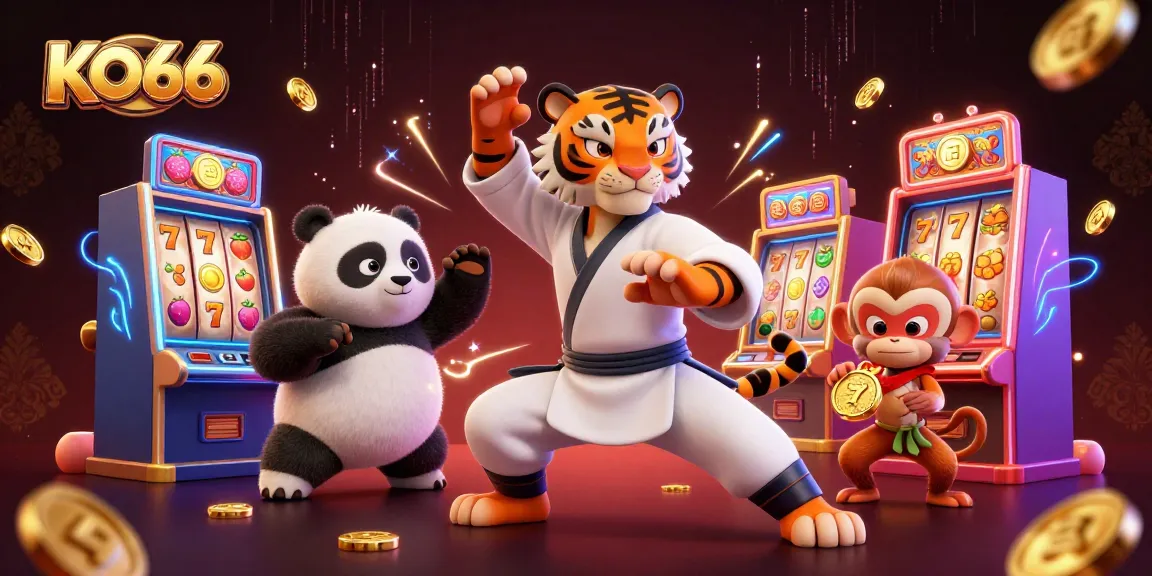 Engage with KO66's vibrant slot machine scene featuring a kung fu tiger and playful panda.