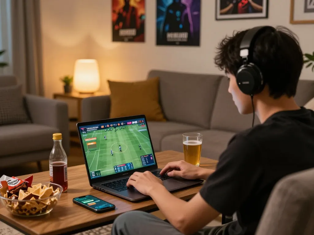 Engaged user enjoying sports betting on ko66.com while relaxing in a cozy living room.