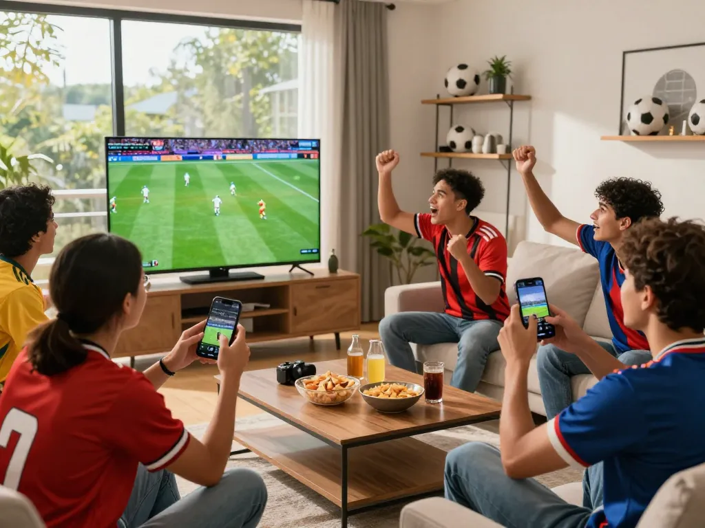 Watch live football matches for free at https://cakhiatvz.live/ with friends in a vibrant living room.