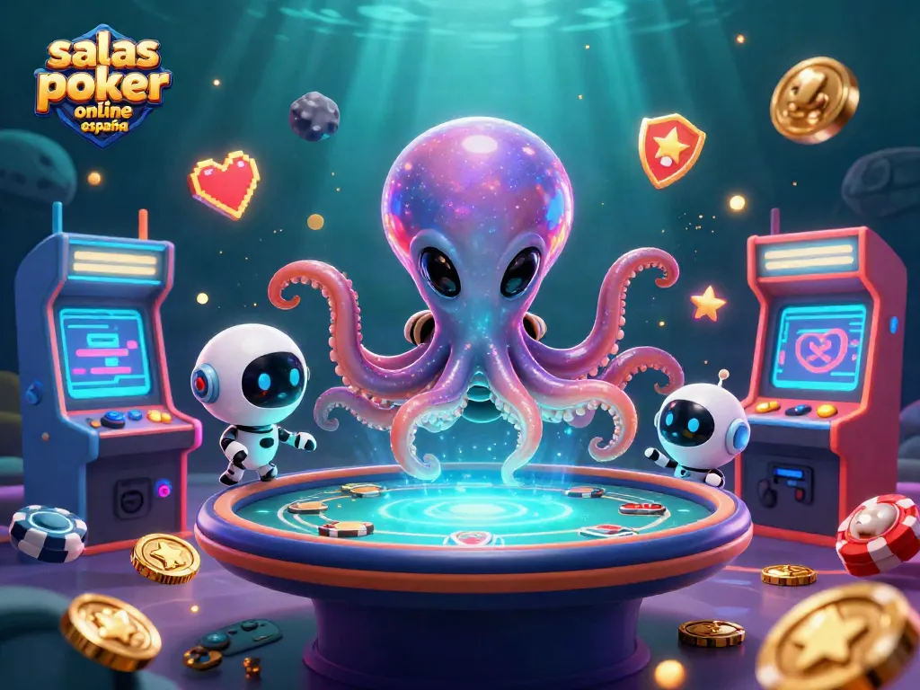 Juega en salas de poker online en España con una ilustración colorida de un pulpo y un robot en un entorno dinámico.