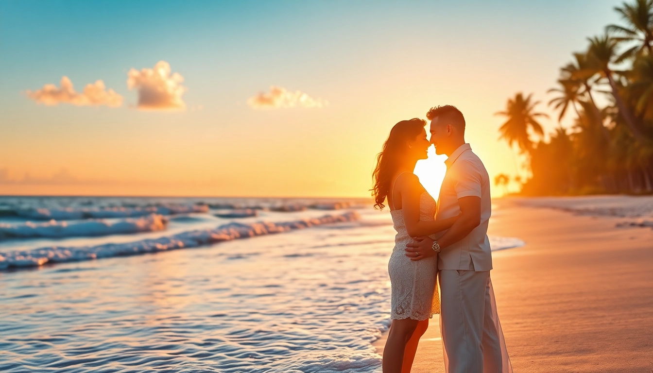 Destination photographer capturing a romantic beach moment with golden sunset hues.
