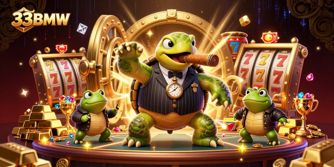 Engage with vivid 33BMW gaming visuals featuring a dynamic snapping turtle and bullfrog enforcers amidst treasures.