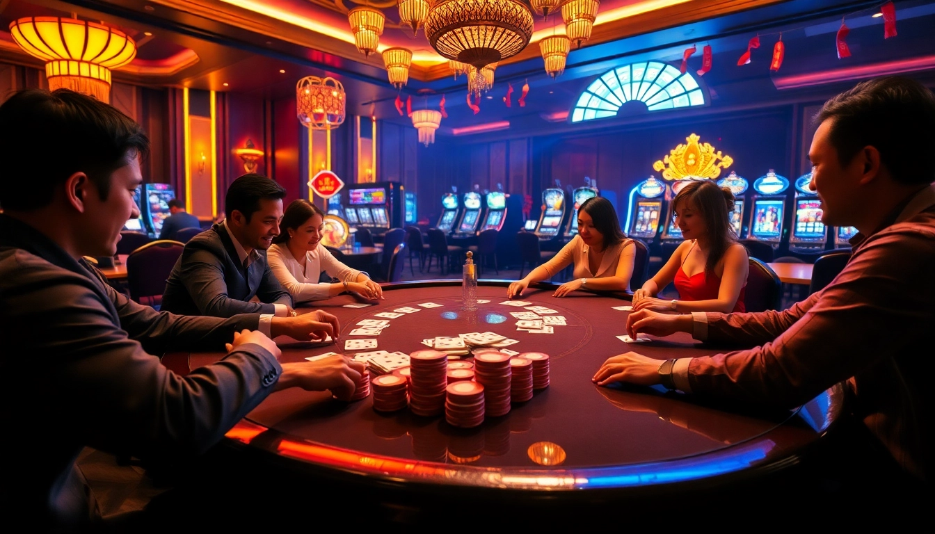 Xôi lạc-themed casino table showcasing poker players enjoying an exciting gaming experience.