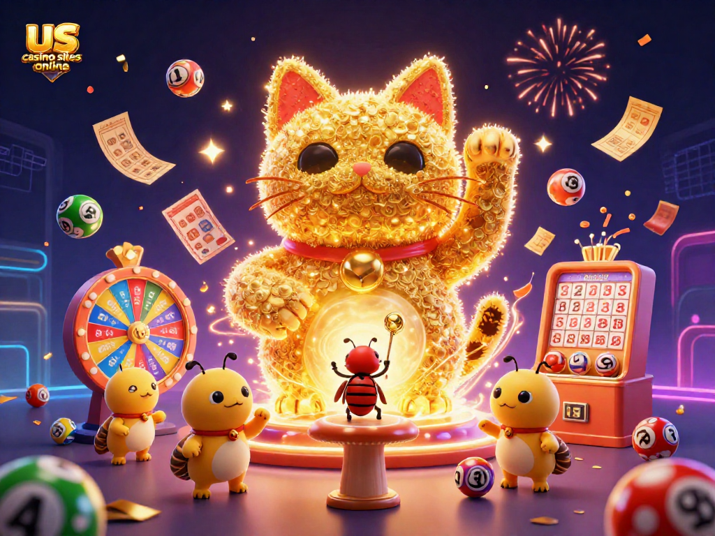 Engage with this vibrant 3D illustration of us casino sites online featuring a lucky cat symbolizing luck and celebration.