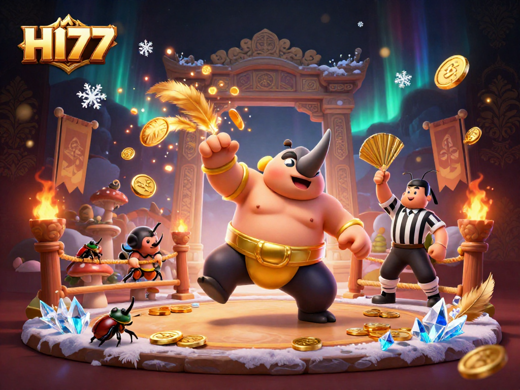 Experience excitement with HI77 in this dynamic 3D illustration of beetles battling in a vibrant arena.