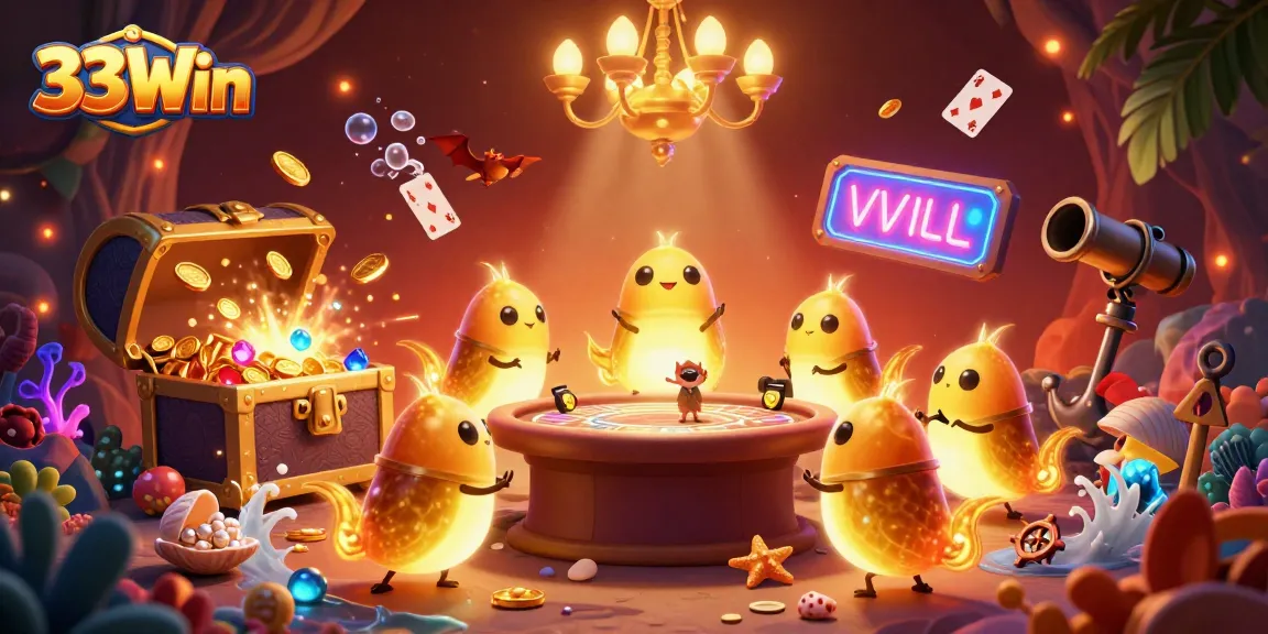 Experience the excitement of 33Win in this vibrant casino scene with glowworms and a bat dealer.