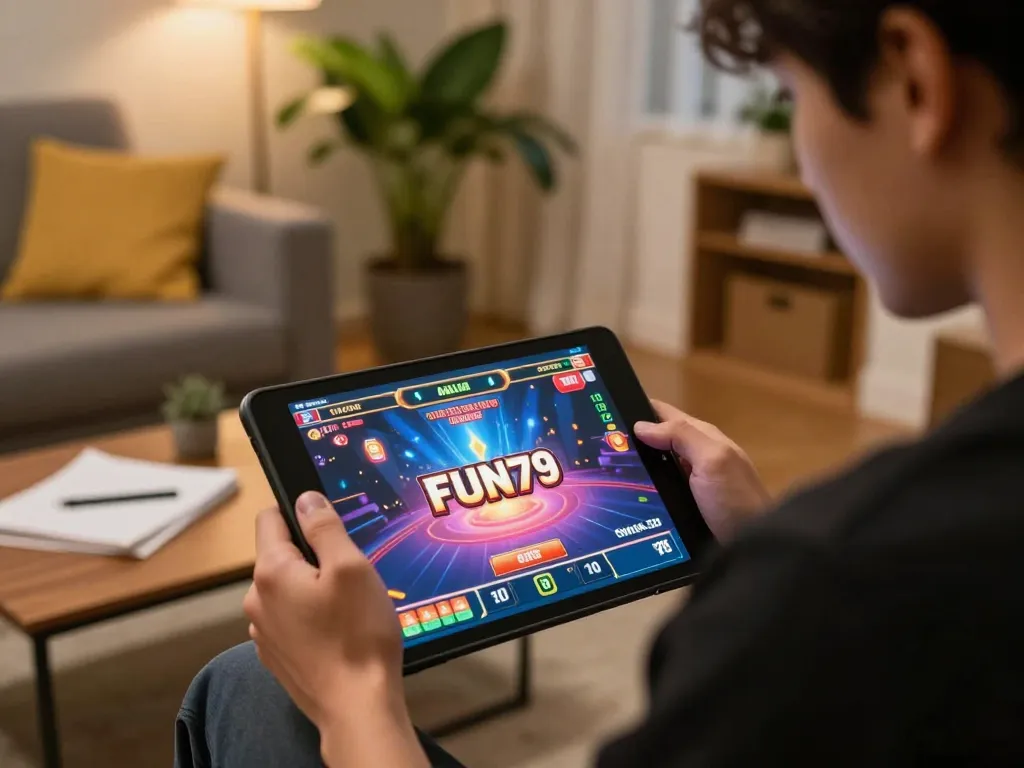 Engaging gameplay of FUN79 game on a tablet in a cozy home setting