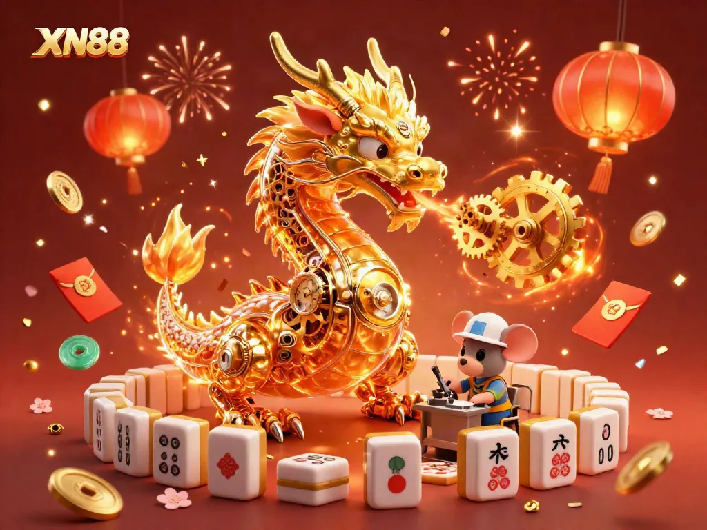Experience the thrilling world of XN88 with a golden dragon breathing gears, surrounded by festive casino elements.