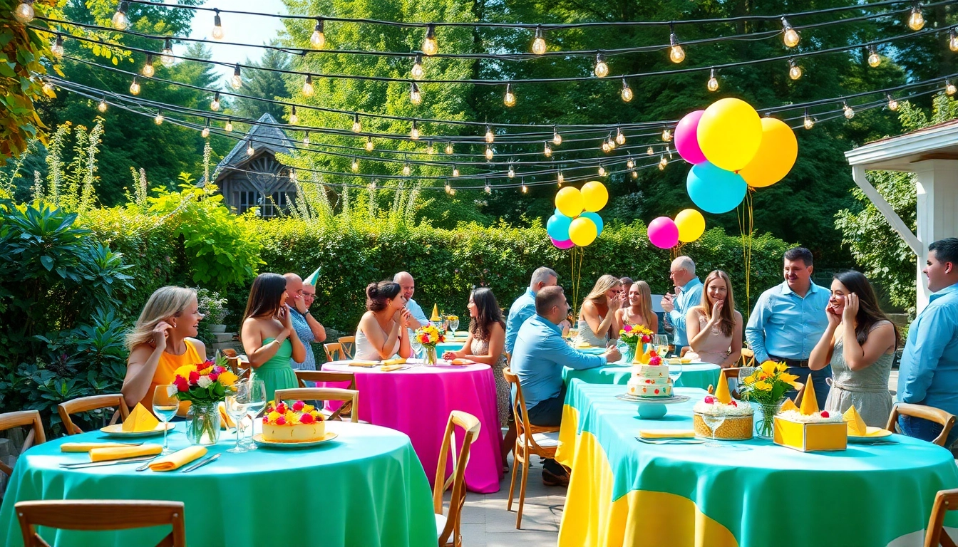 Outdoor Party Rentals with joyful guests celebrating under fairy lights in a lush garden setting.