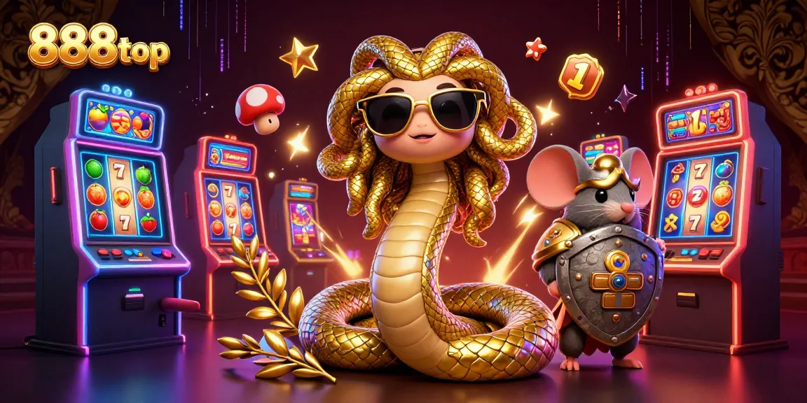 Engage in thrilling slots with the friendly 888top Medusa and warrior mouse, surrounded by vibrant gaming elements.