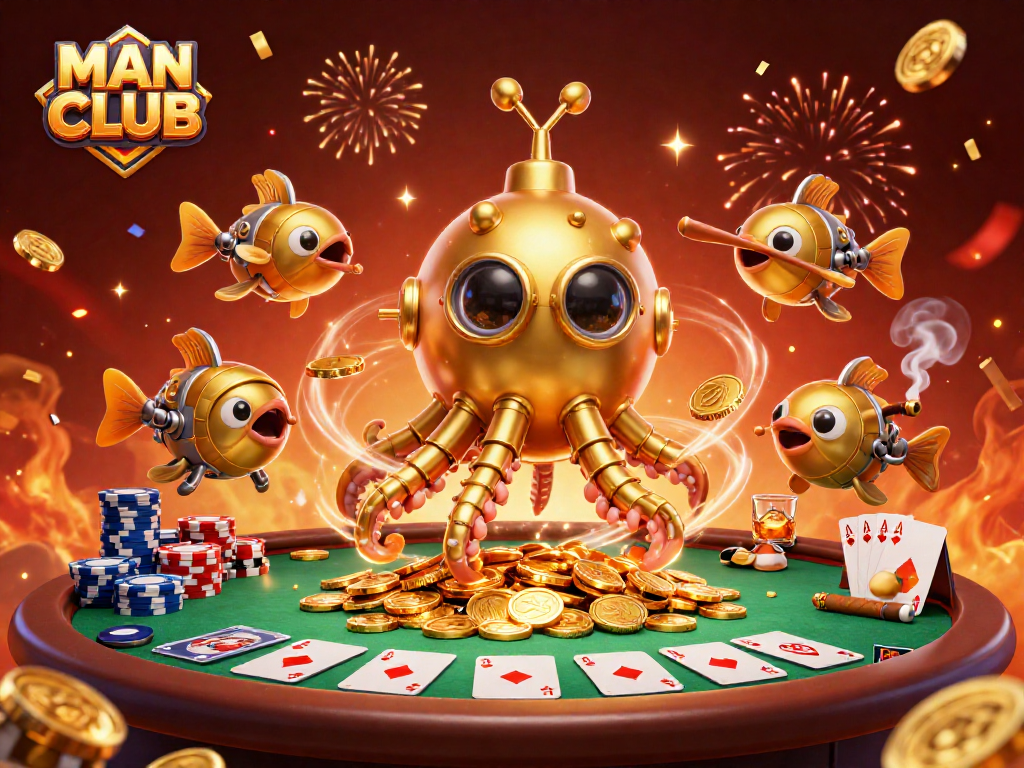 Engage in thrilling poker action with the MAN CLUB golden kraken amidst a sea of coins.