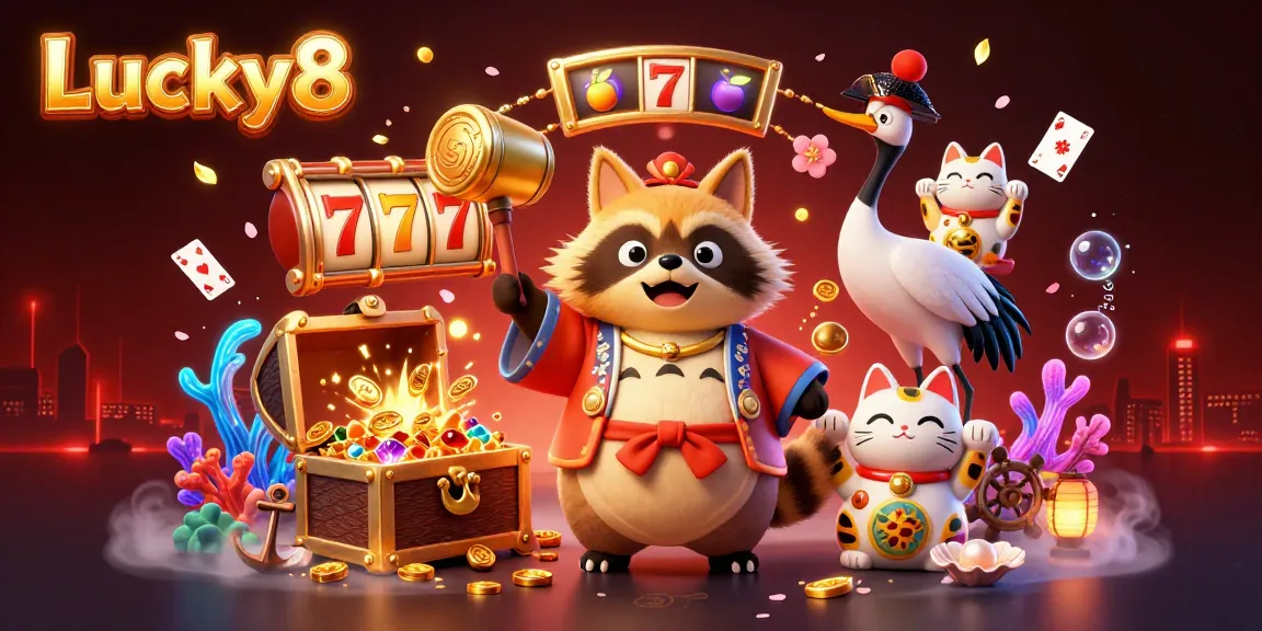 Spin to win big with Lucky8 in this vibrant casino scene filled with luck and fortune.