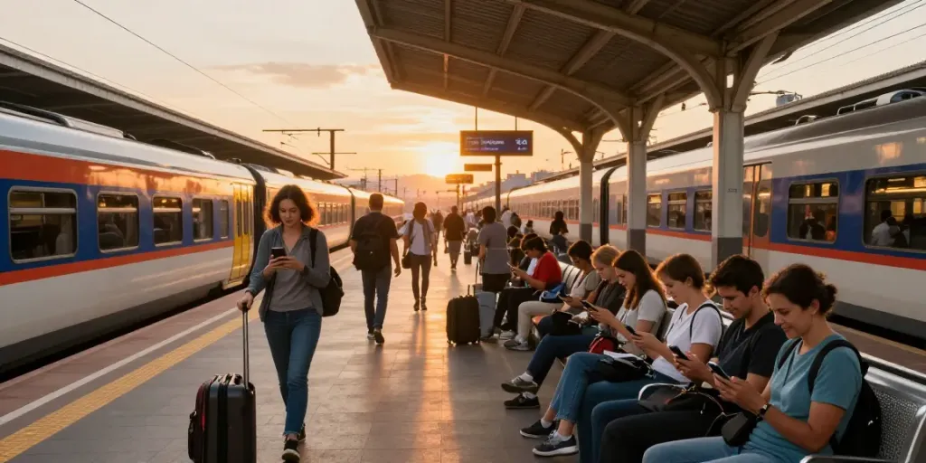 "How to buy train tickets online: Travelers excitedly booking their tickets at a vibrant train station."