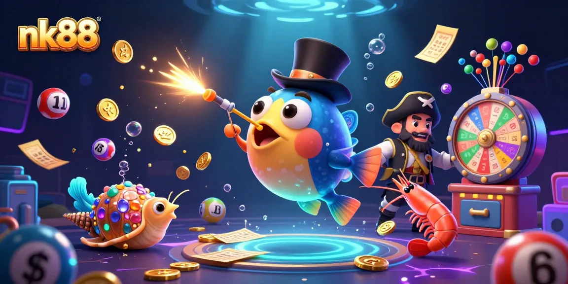 Engage with nk88's vibrant online gaming scene featuring glowing treasures and dynamic lottery action.