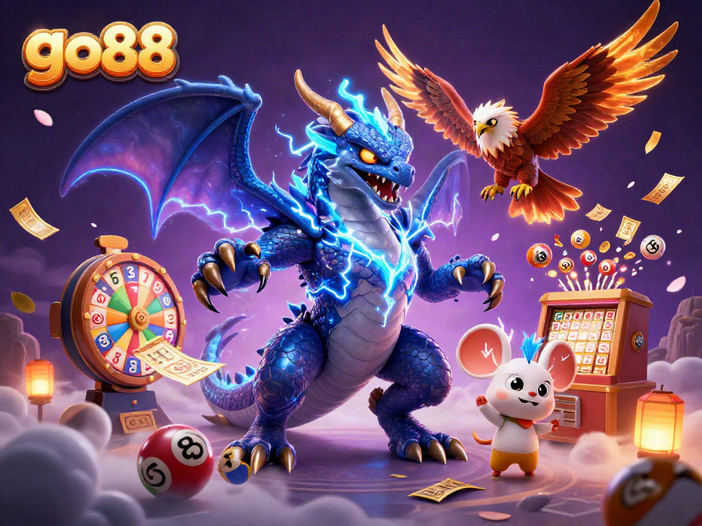 Play exciting games at go88, featuring vibrant characters and casino elements in a dynamic scene.